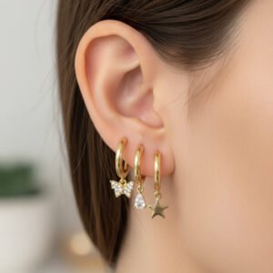 3’lü Yıldız,Kelebek,Taşlı Küpe Gold