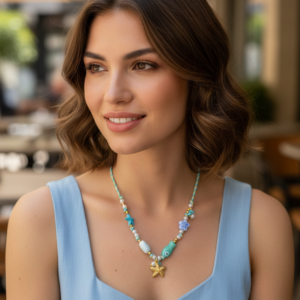 İp-Deniz yıldızı uçlu, taşlı Kolye